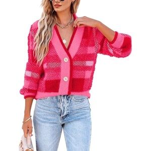 Women's Pink Red Plaid Cardigan Sweater Size M Rose Red